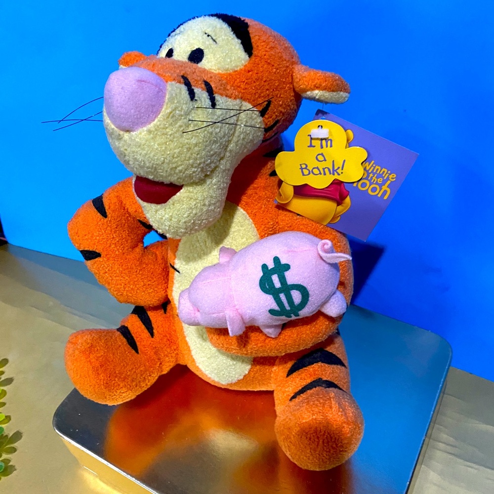DISNEY NWT WINNIE THE POOH TIGGER PLUSH COIN PIGGY BANK w/STOPPER APPLAUSE 10” - Picture 10 of 16